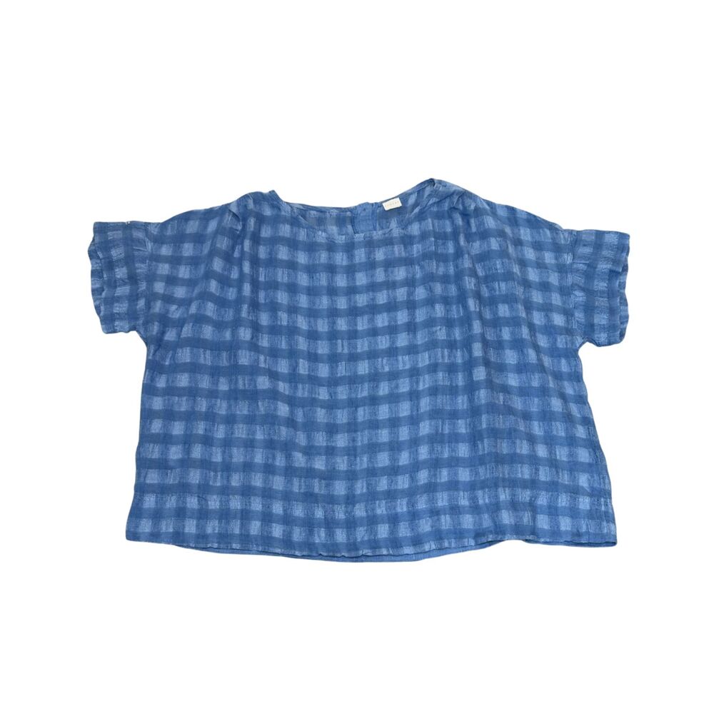 Poetry Blue Linen Gingham Check Boxy Short Sleeve Button Back Top Size 18